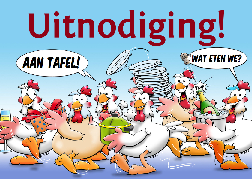 Leuke uitnodiging etentje met kakelende kippen - Uitnodigingen Uitnodigingen - Leuke uitnodiging etentje met kakelende kippen