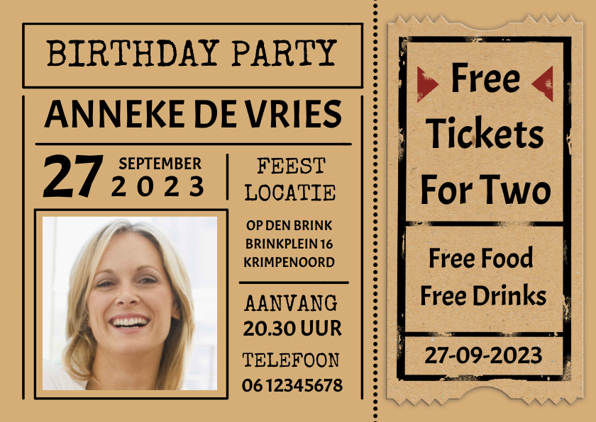 Uitnodigingen - Leuke uitnodiging "Free Tickets For Two" voor een vrouw