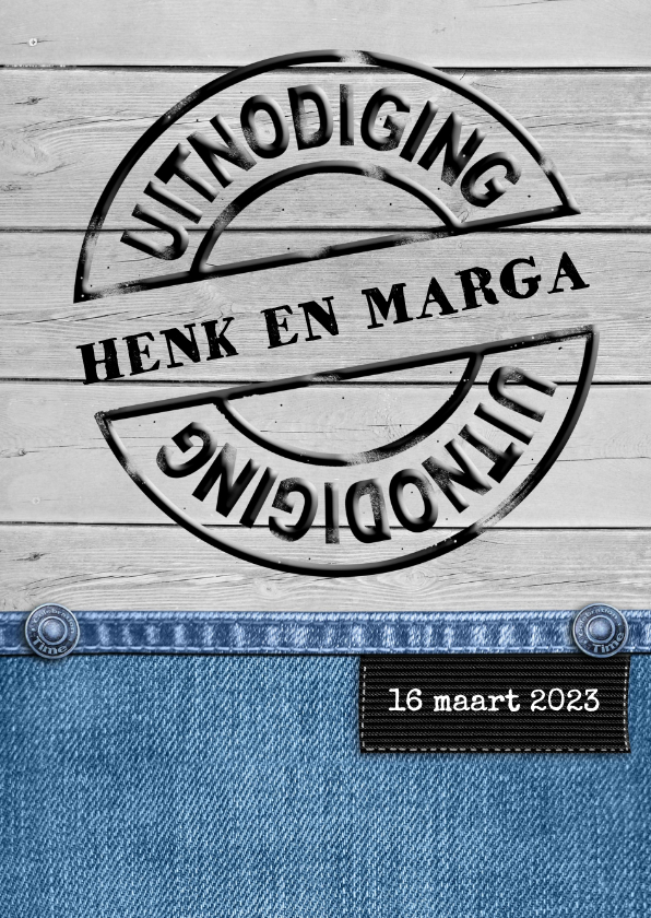 Leuke uitnodiging stempel op denim en hout - Uitnodigingen Uitnodigingen - Leuke uitnodiging stempel op denim en hout