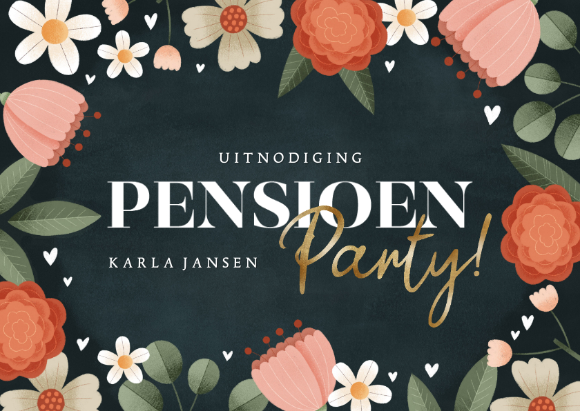 Uitnodigingen - Moderne uitnodiging pensioen party bloemenkader en hartjes