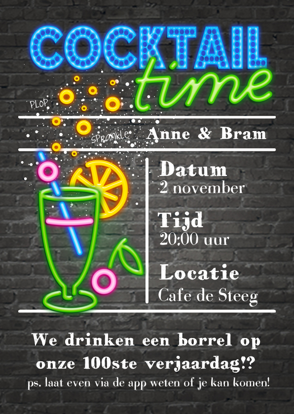 Neon uitnodiging - cocktail time - Uitnodigingen Uitnodigingen - Neon uitnodiging - cocktail time