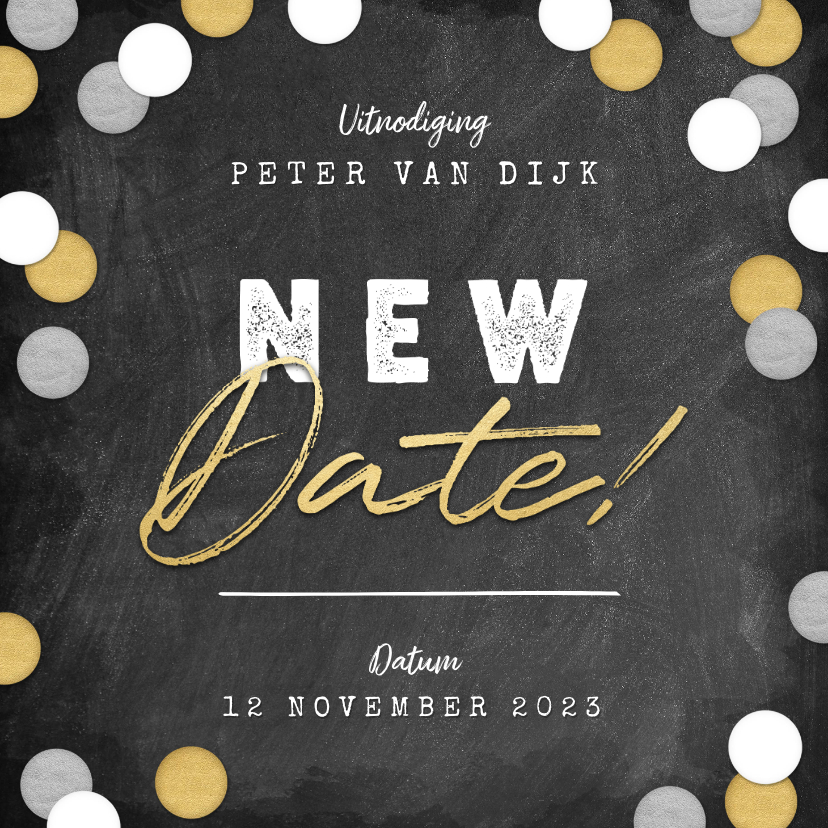 Uitnodigingen - New Date uitnodigingskaart krijtbord en confetti