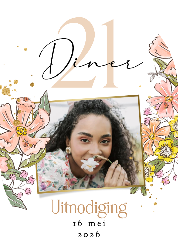 Uitnodigingen - Originele uitnodigingskaart 21 diner kleurrijke bloemen foto