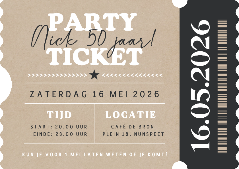 Uitnodigingen - Party ticket uitnodiging kraftlook in echte ticket vorm