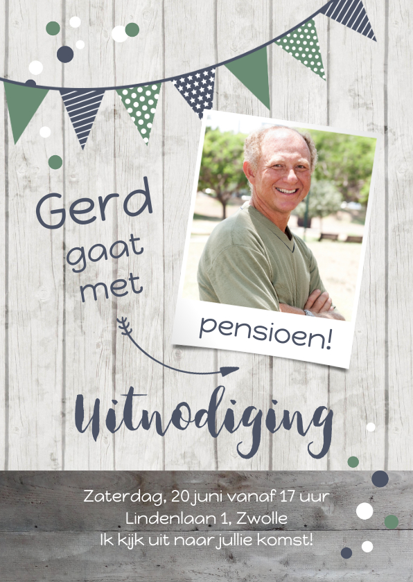 Pensioenfeest uitnodiging slingers & eigen foto - Uitnodigingen Uitnodigingen - Pensioenfeest uitnodiging slingers & eigen foto