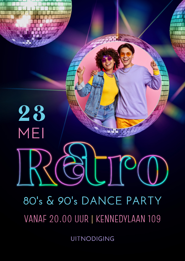 Uitnodigingen - Retro uitnodiging discobal in lichtgevende regenboogkleuren