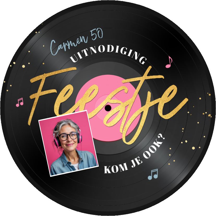 Uitnodigingen - Ronde kaart LP plaat muziek vinyl feestje vrouw 50
