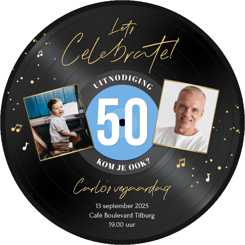 Uitnodigingen - Ronde kaart LP vorm uitnodiging 50 jaar muziek feestje