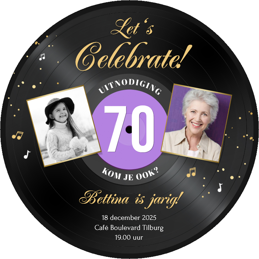 Uitnodigingen - Ronde kaart roze LP vorm uitnodiging 70 jaar muziek feestje