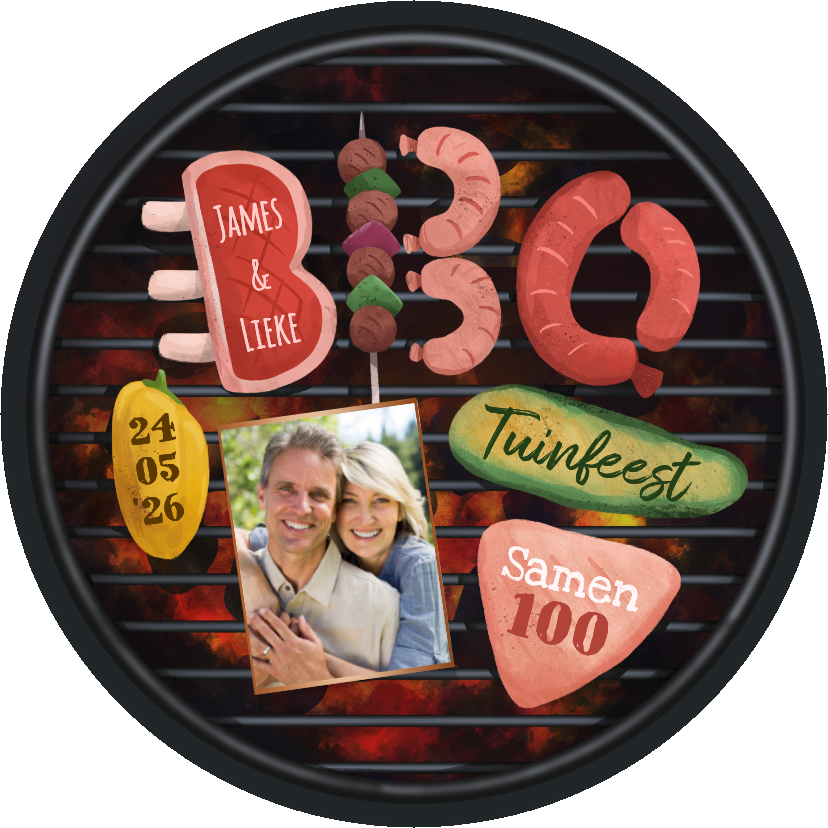 Ronde kaart uitnodiging BBQ party verjaardag samen 100 foto - Uitnodigingen Uitnodigingen - Ronde kaart uitnodiging BBQ party verjaardag samen 100 foto