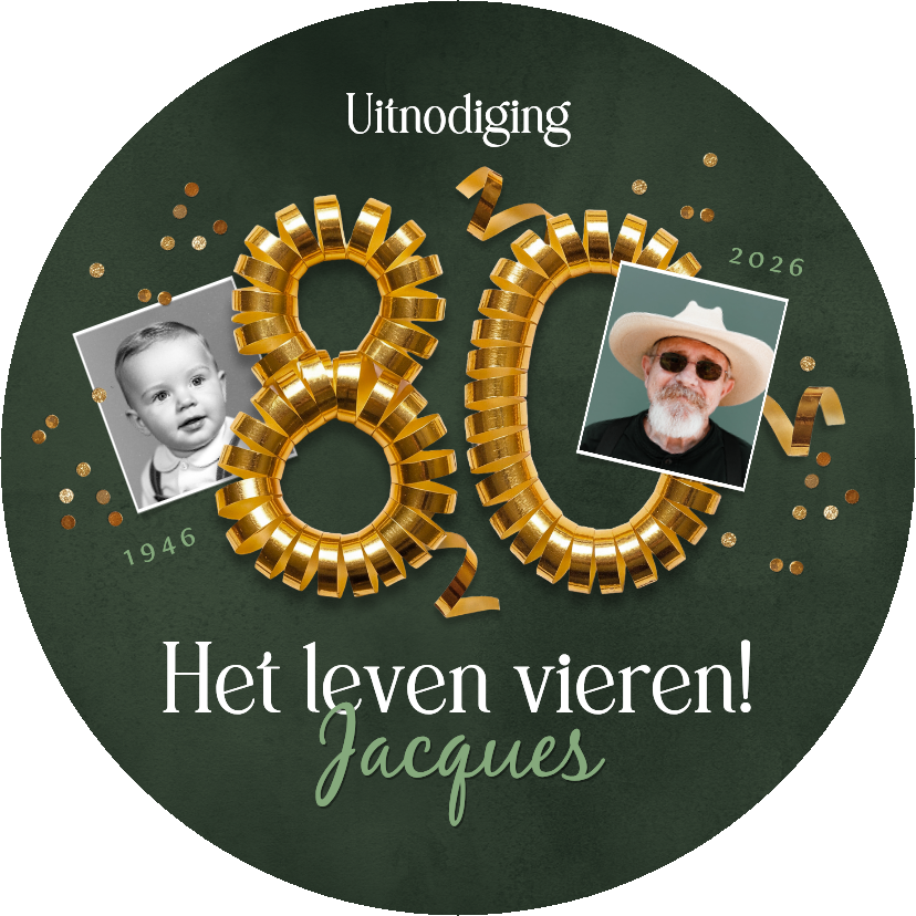 Uitnodigingen - Ronde kaart uitnodiging verjaardag feest 80 jaar foto goud
