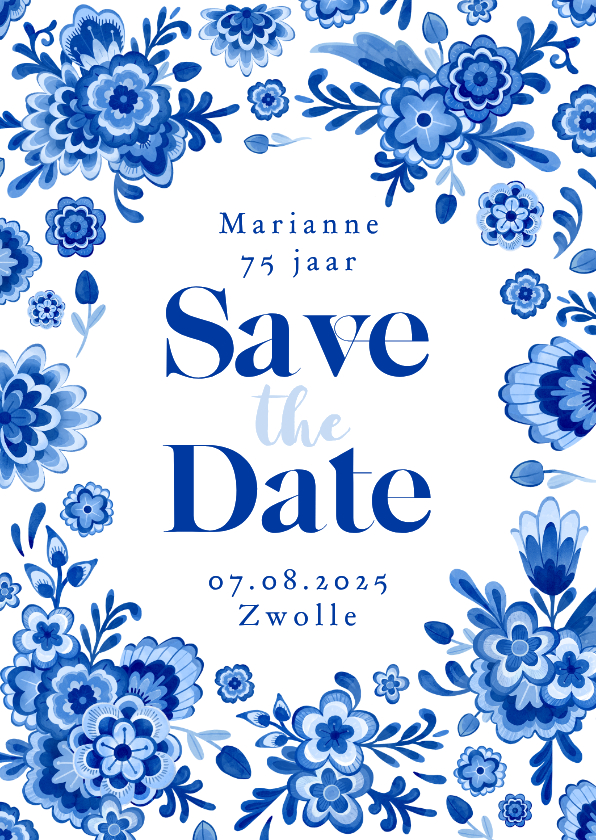 Uitnodigingen - Save the date uitnodiging delfts blauw bloemen feestje