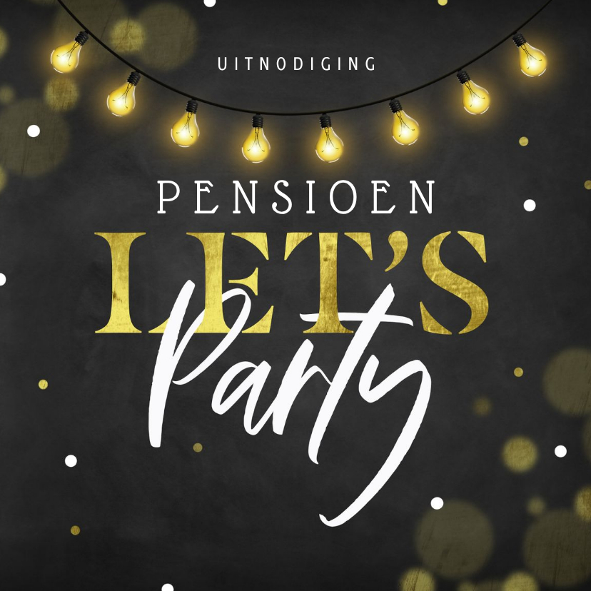 Uitnodigingen - Sfeervolle uitnodiging pensioenfeest krijtbord lampjes