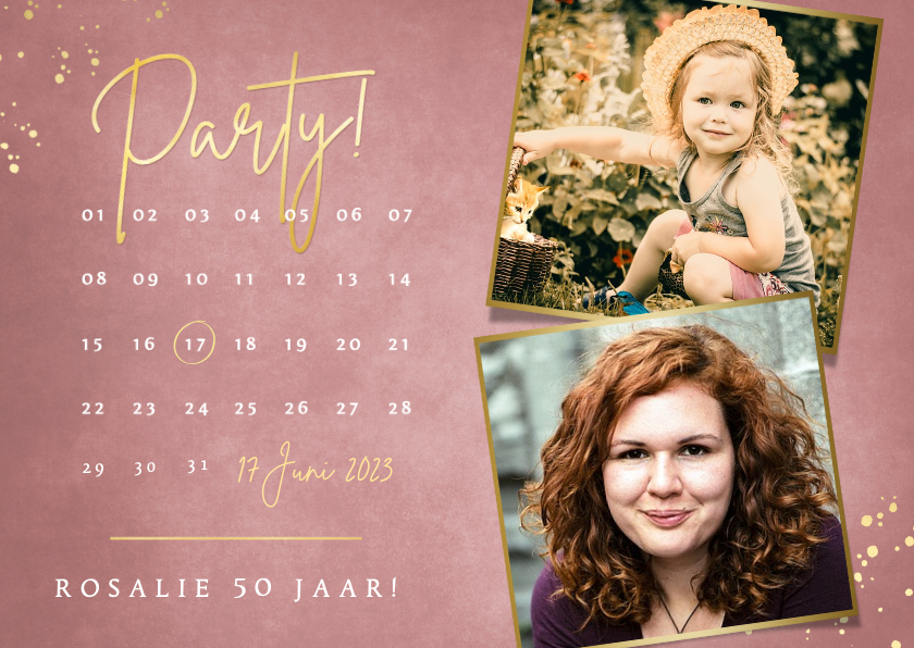 Uitnodigingen - Stijlvolle roze uitnodiging feestje met kalender en 2 foto's