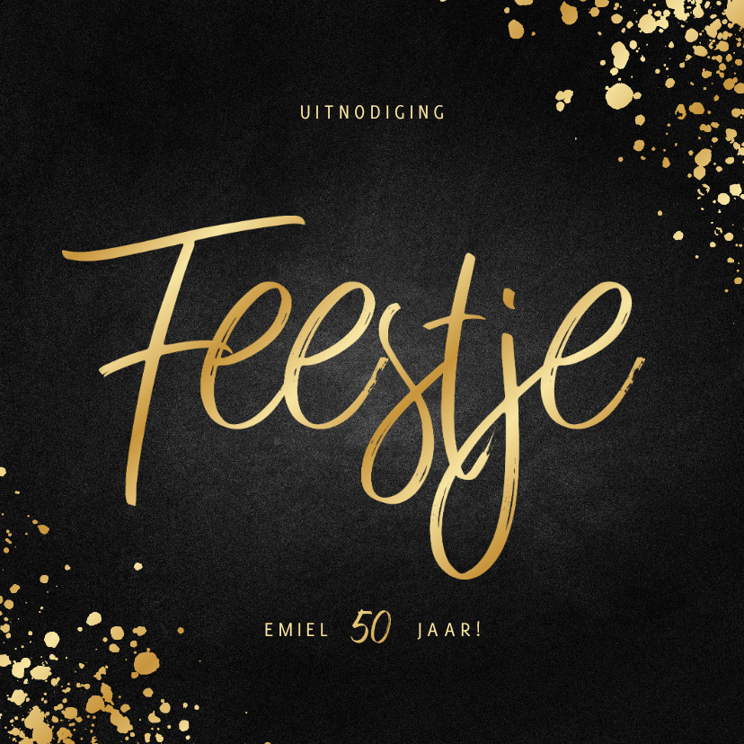 Stijlvolle uitnodiging feestje goud met spetters krijtbord - Uitnodigingen Uitnodigingen - Stijlvolle uitnodiging feestje goud met spetters krijtbord