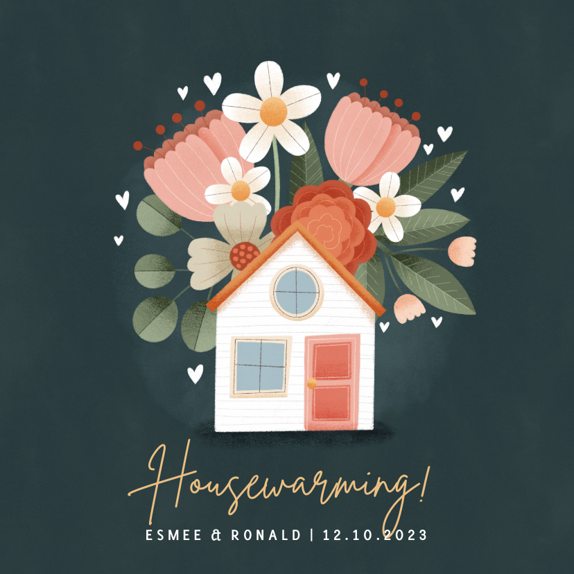 Uitnodigingen - Stijlvolle uitnodiging housewarming met huisje en bloemen