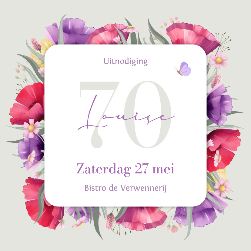 Uitnodigingen - Stijlvolle uitnodiging met kleurrijke klaprozen en vlinder