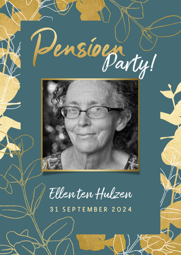 Stijlvolle uitnodiging pensioenfeest met gouden plantjes - Uitnodigingen Uitnodigingen - Stijlvolle uitnodiging pensioenfeest met gouden plantjes