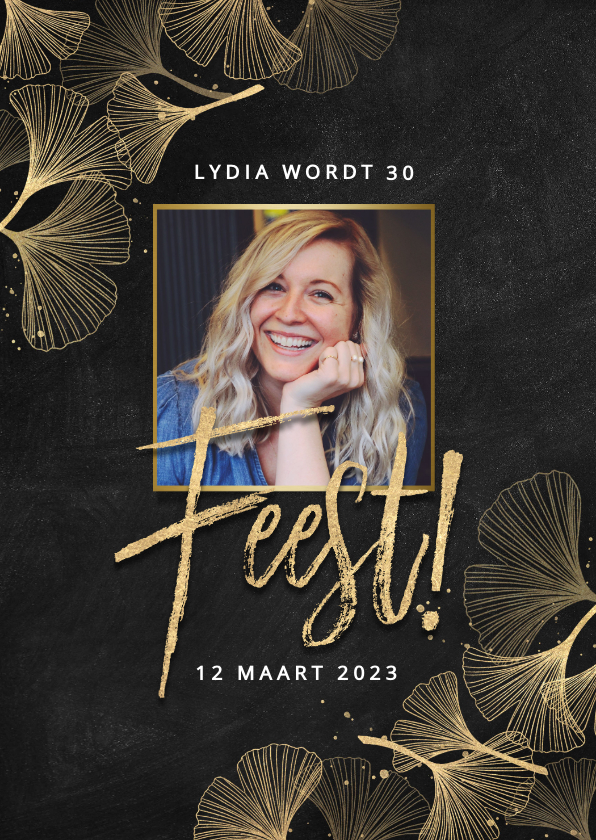 Stijlvolle uitnodiging verjaardag gouden ginkgo "Feest!" - Uitnodigingen Uitnodigingen - Stijlvolle uitnodiging verjaardag gouden ginkgo "Feest!"