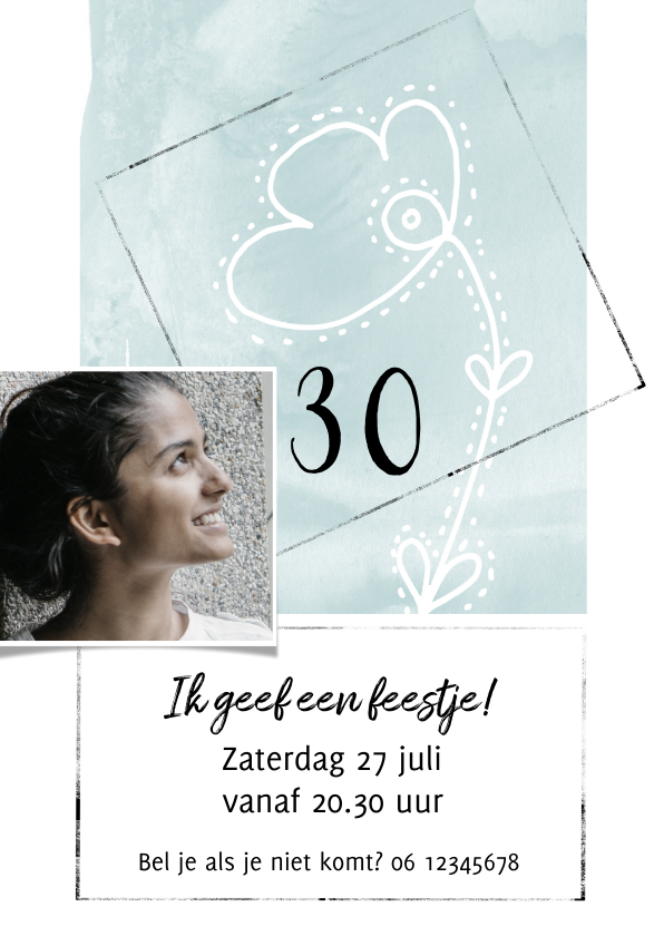 Stijlvolle uitnodiging voor een feestje met foto en bloem - Uitnodigingen Uitnodigingen - Stijlvolle uitnodiging voor een feestje met foto en bloem
