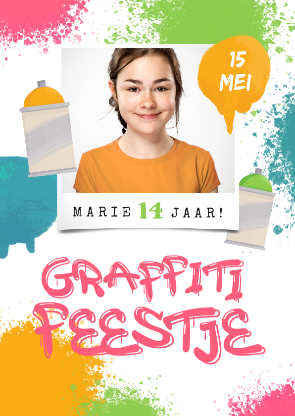 Uitnodigingen - Stoere uitnodiging verjaardag meisje graffiti verf foto