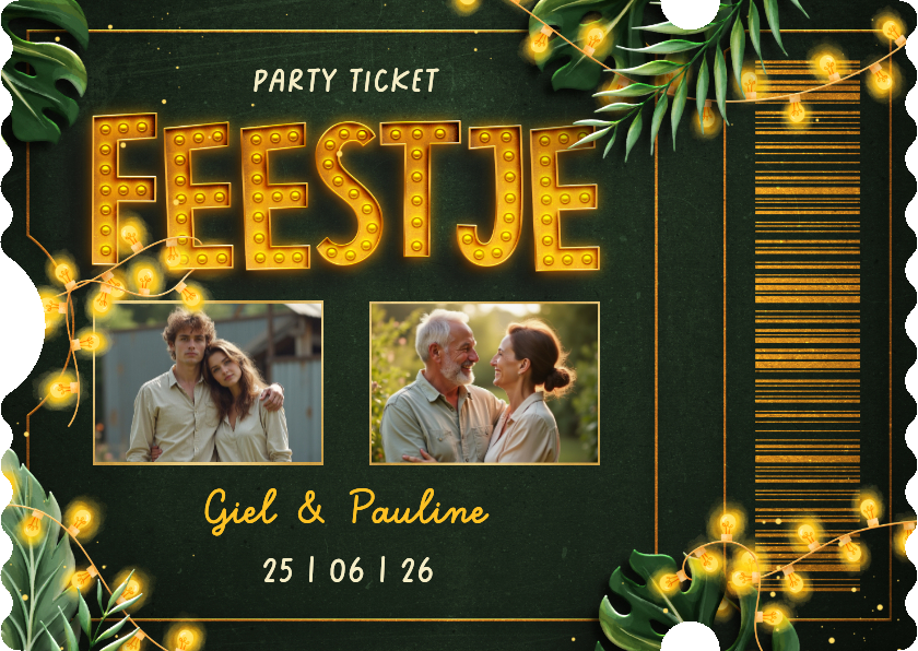 Ticket uitnodiging feestje botanisch met foto's en lampjes - Uitnodigingen Uitnodigingen - Ticket uitnodiging feestje botanisch met foto's en lampjes
