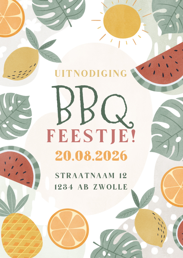 Uitnodigingen - Tropische uitnodiging bbq feestje met fruit en bladeren