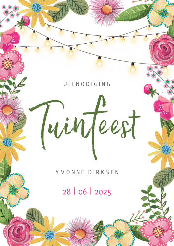 Uitnodigingen - Tuinfeest roze en gele bloemen met lichtjes