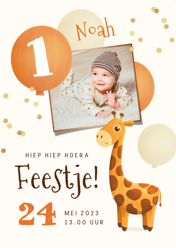 Uitnodiging 1 jaar giraf ballonnen confetti foto - Uitnodigingen Uitnodigingen - Uitnodiging 1 jaar giraf ballonnen confetti foto