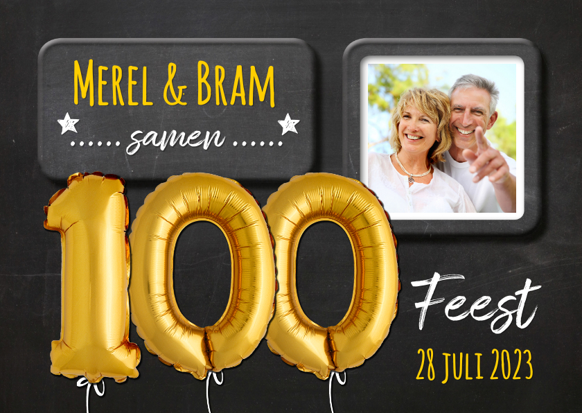 Uitnodiging 100 ballon goud op krijtbord - Uitnodigingen Uitnodigingen - Uitnodiging 100 ballon goud op krijtbord