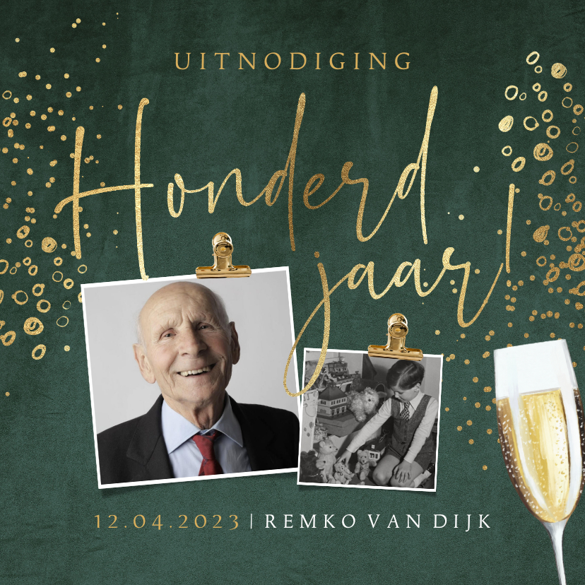 Uitnodigingen - Uitnodiging 100 jaar velvet groen goudlook bubbles champagne