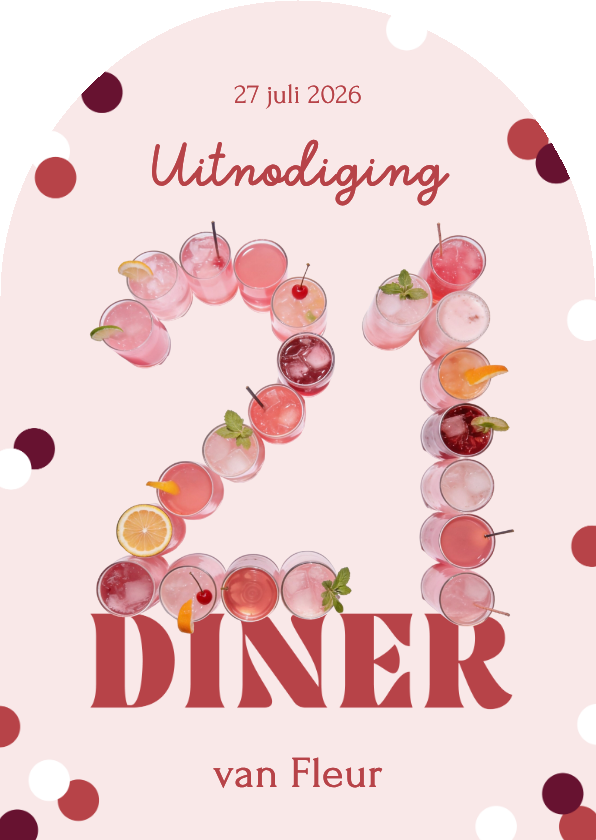 Uitnodiging 21 diner cijfers in roze cocktails met confetti - Uitnodigingen Uitnodigingen - Uitnodiging 21 diner cijfers in roze cocktails met confetti