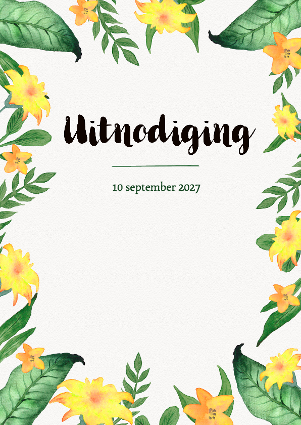 Uitnodigingen - Uitnodiging 21 diner met bladeren en gele bloemen - BK