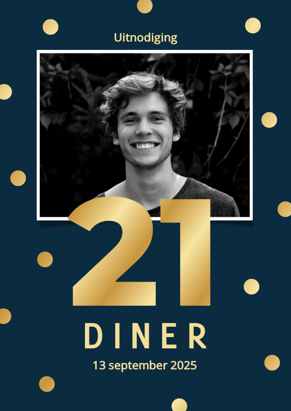 Uitnodigingen -  Uitnodiging 21-diner met donkerblauw gouden confetti