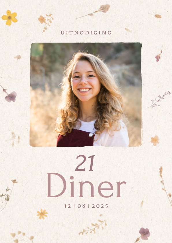 Uitnodiging 21 diner met foto en bloemetjes - Uitnodigingen Uitnodigingen - Uitnodiging 21 diner met foto en bloemetjes