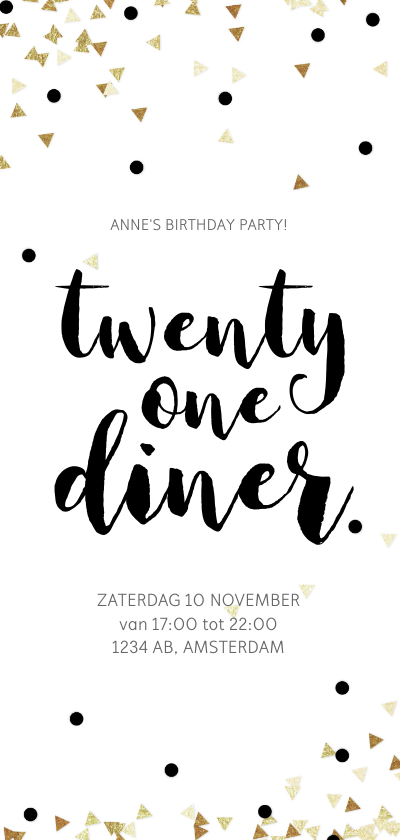 Uitnodigingen - Uitnodiging 21 Diner party confetti zwart wit