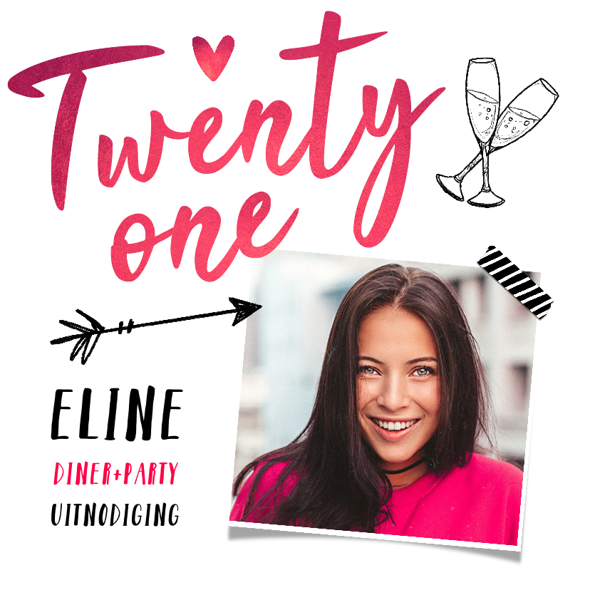 Uitnodiging 21 diner party hip en trendy roze met eigen foto - Uitnodigingen Uitnodigingen - Uitnodiging 21 diner party hip en trendy roze met eigen foto