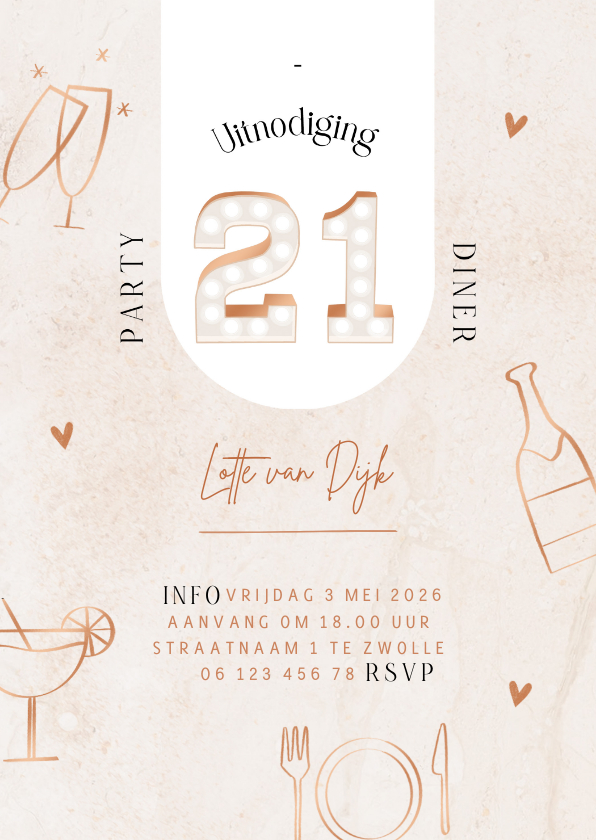 Uitnodigingen - Uitnodiging 21 diner roze marmer lichtcijfers doodles koper