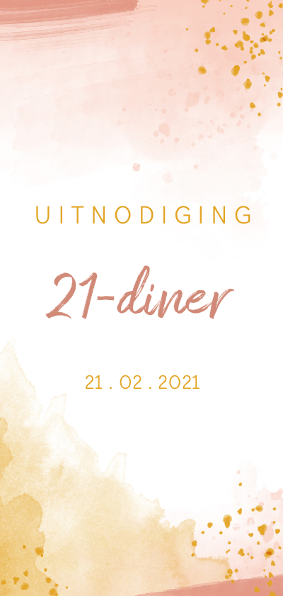 Uitnodigingen - Uitnodiging 21 diner waterverf oker goud met roze
