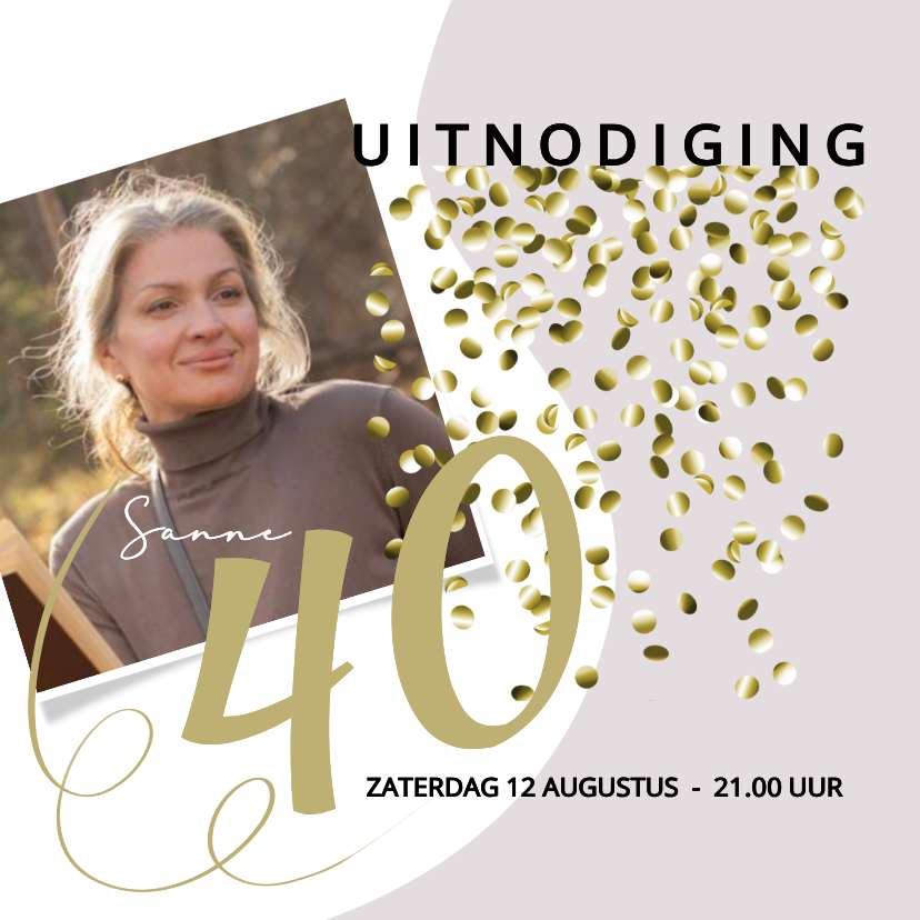 Uitnodigingen - Uitnodiging 40 vrouw met goudkleurige confetti