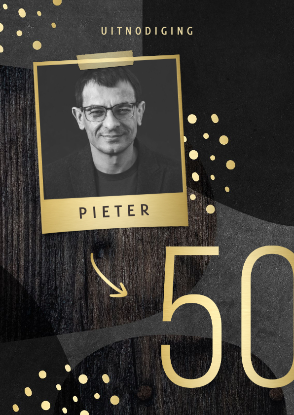 Uitnodigingen - Uitnodiging 50 jaar goud met hout en krijtbord abstract