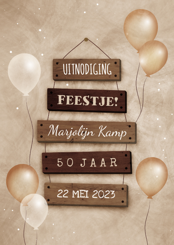 Uitnodigingen - Uitnodiging 50 jaar met feestelijke ballonnen bordjes