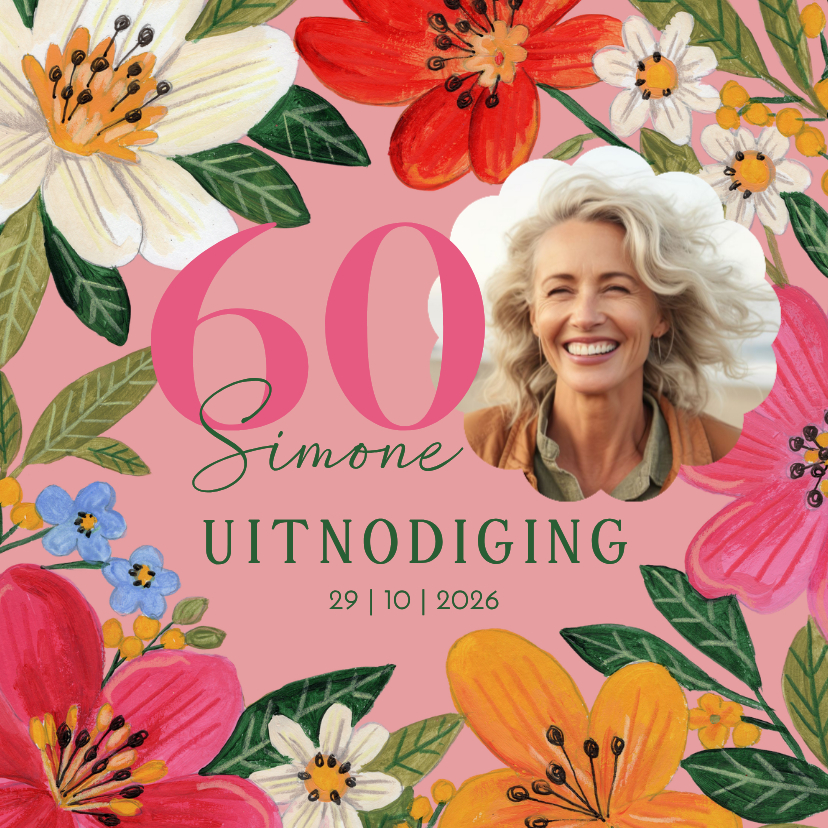 Uitnodigingen - Uitnodiging 60e verjaardag  met kleurrijke bloemen