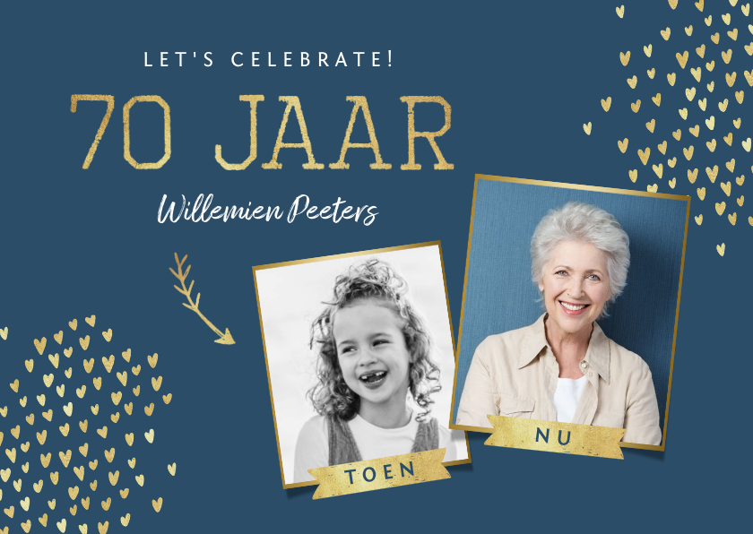 Uitnodigingen - Uitnodiging 70 jaar stijlvol goud toen en nu