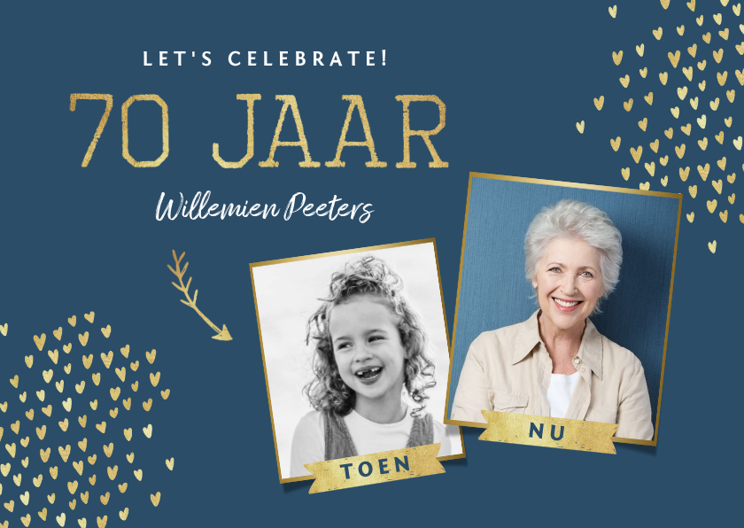 Uitnodigingen - Uitnodiging 70 jaar stijlvol goud toen en nu