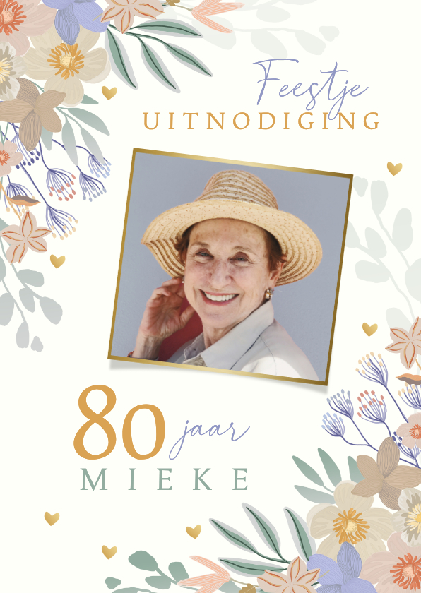 Uitnodiging 80 jaar bloemen en hartjes - Uitnodigingen Uitnodigingen - Uitnodiging 80 jaar bloemen en hartjes