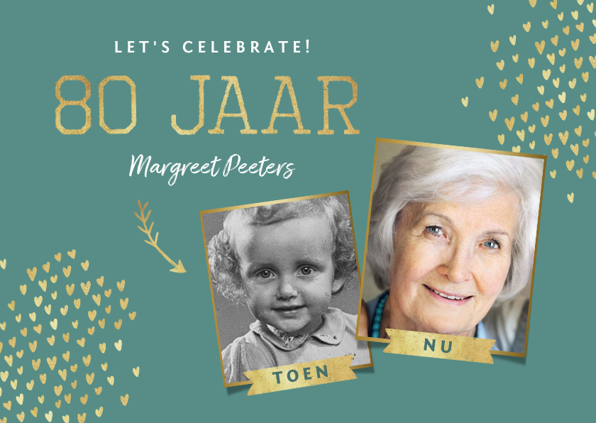 Uitnodigingen - Uitnodiging 80 jaar stijlvol goud toen en nu