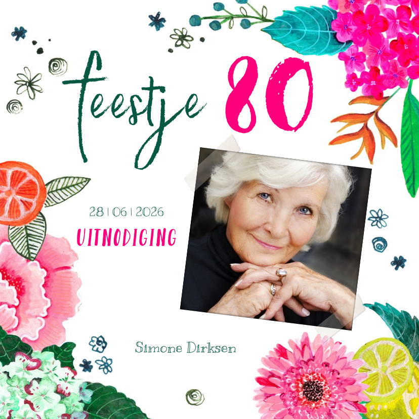 Uitnodigingen - Uitnodiging 80 jaar verjaardag met foto en bloemen