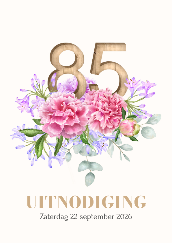 Uitnodigingen - Uitnodiging 85 in hout met bloemen