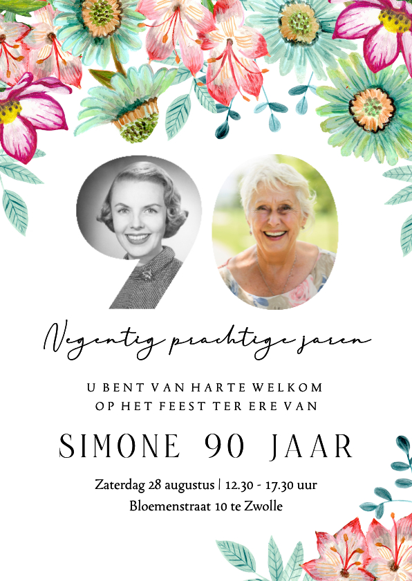Uitnodigingen - Uitnodiging 90 jaar met bloemen en foto collage